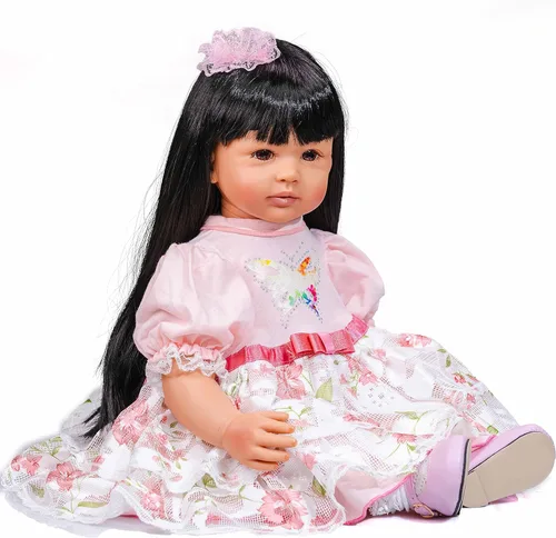 Vista 6 de Muñecos de bebé Reborn realistas de 24 pulgadas, cuerpo de tela de piel marrón con vestido de princesa, los mejores juegos de regalo de Navidad
