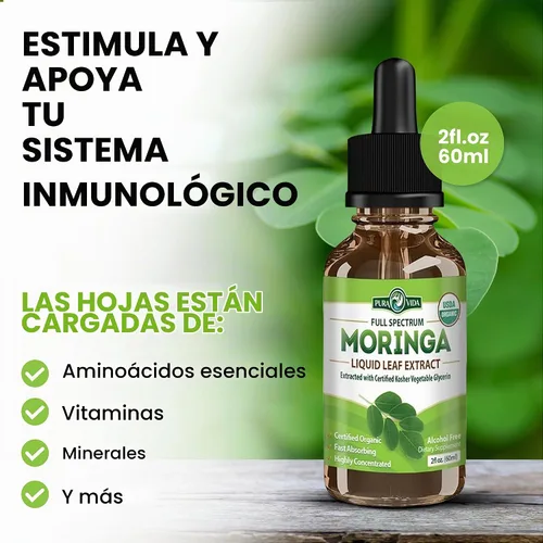 Vista 3 de PURA VIDA MORINGA Gotas líquidas de extracto de hojas – Certificado orgánico USDA – altamente purificado, biodisponible y absorción más rápida que