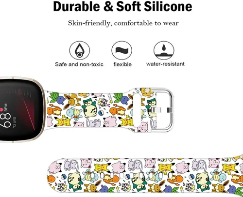 Vista 3 de Pikacu - Bandas de anime de tortuga marina compatibles con Fitbit Sense/Sense 2/Versa 3/Versa 4, correa deportiva de silicona suave y elegante
