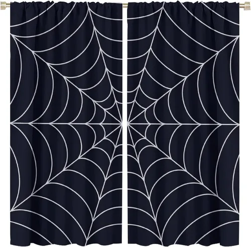 Vista 20 de Cortinas opacas de tela de araña aterradora para niños, tela de araña en blanco y negro, fondo rojo, dormitorio de niños, guardería, decoración