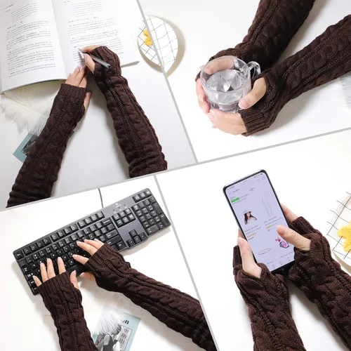 Vista 24 de Bellady Guantes de invierno para mujer, cálidos sobre el codo, guantes largos sin dedos con agujero para el pulgar, guantes de punto para calentar