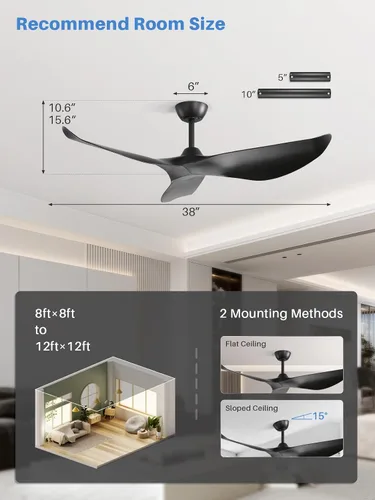 Vista 5 de Sofucor Ventilador de techo sin luz, ventilador de techo moderno de 52 pulgadas con control remoto para interior, granja, dormitorio, sala de estar