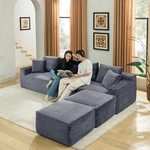 Vista 7 de Sofá seccional de nube en forma de U de 115 pulgadas, sofá modular comprimido sin hueso con diván otomano reversible, sofá simétrico de pana de Gris