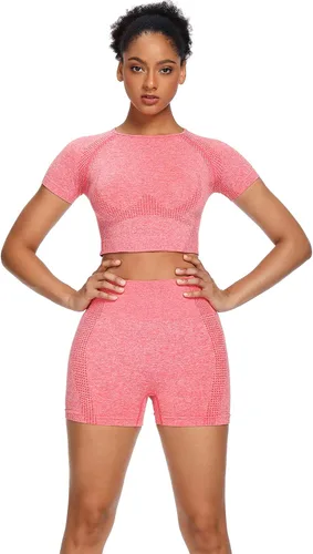 Vista 4 de Sytiz Conjunto de 2 piezas de yoga sin costuras para mujer, pantalones cortos de gimnasio y camiseta corta de manga corta