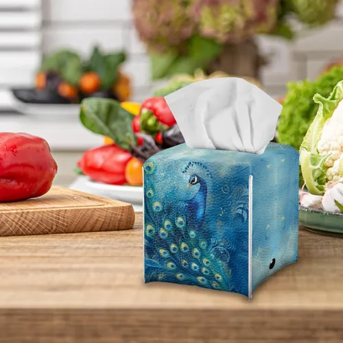 Vista 2 de Caja de pañuelos cuadrada para caja de pañuelos faciales, organizador de servilletas de pavo real, dispensador para dormitorio, oficina, decoración