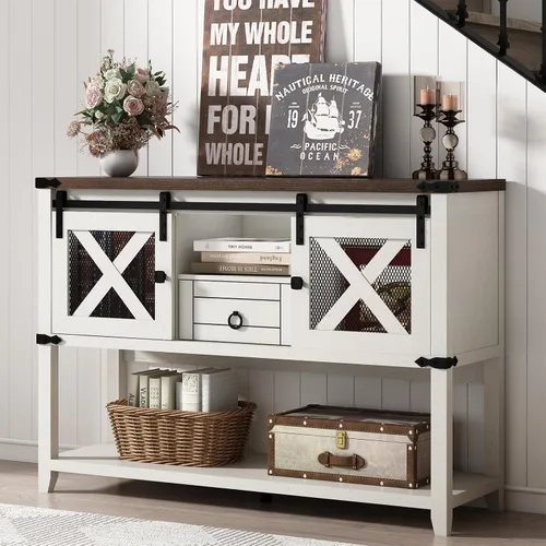 Vista 9 de Hlivelood Mesa de Entrada Estilo Granja con 2 Puertas Corredizas de Granero y Cajón, Mesa Consola Rústica de 46'' con Almacenamiento, Espacio