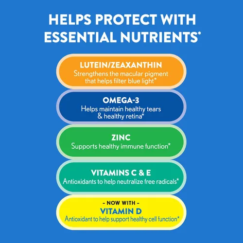Vista 3 de Ocuvite Suplemento de vitaminas y minerales para los ojos, contiene zinc, vitaminas C, E, Omega 3, luteína y zeaxantina, 30 cápsulas blandas