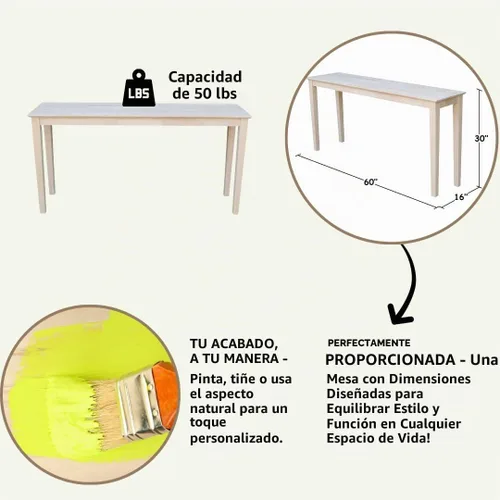 Vista 4 de Mesa para consola de madera sólida, sin acabado, Metal, madera, Unfinished