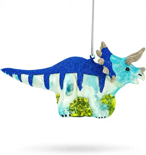 Vista 2 de Adorno navideño de cristal de dinosaurio con purpurina