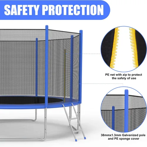 Vista 4 de TRY & DO Trampolín de 10 pies y 12 pies para niños y adultos – Trampolín recreativo al aire libre con red de recinto y escalera y almohadilla