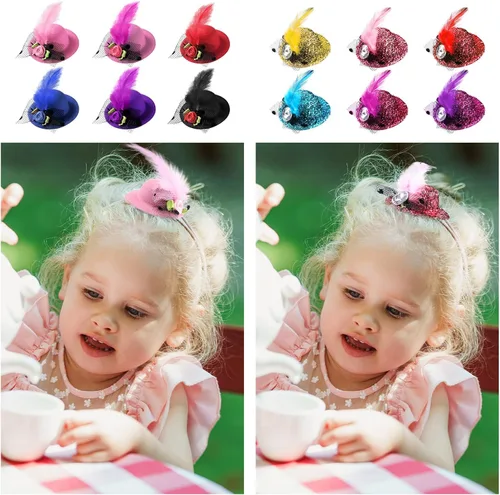 Vista 3 de 12 sombreros de fiesta de té para niñas pequeñas, mini tocado decorativo con flores, lazo de malla de plumas sintéticas, pasador de pelo, horquilla