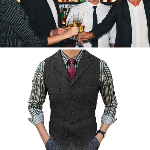 Vista 6 de Chaleco formal de tweed en espiga para hombre, casual, con solapa para padrino de boda, chaqueta vintage, chaleco de vestir para fiesta de trabajo