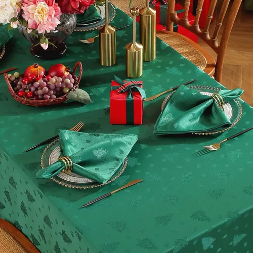Vista 11 de Honellaty Mantel Verde de Navidad, Tela Jacquard con Patrón de Árbol de Navidad Mantel Rectangular, Mantel de Damasco para Mesas Rectangulares