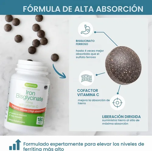 Vista 3 de Igennus - Bisglicinato de hierro limpio de 20 mg, vitamina C, suministro para 6 meses, fórmula quelada suave de alta absorción y bisglicinato