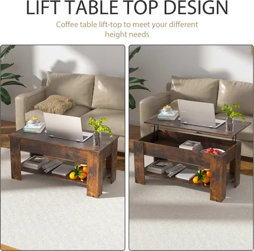 Vista 7 de Mesa auxiliar de madera rústica con almacenamiento, mesa consola con escritorio oculto para sala de estar Marrón