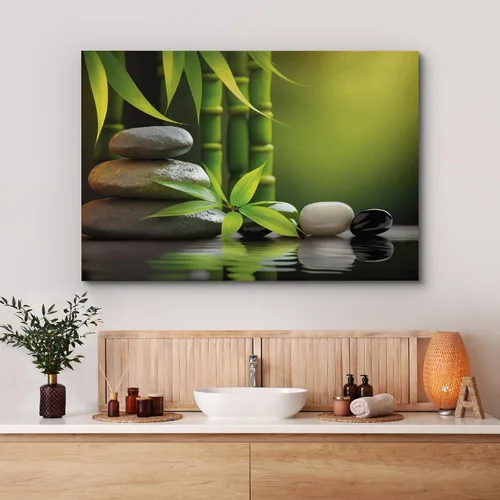 Vista 58 de Wall26 - Arte de pared estampado en lienzo con diseño de rocas negras en un lago tropical verde sereno, naturaleza floral, fotografía, realismo