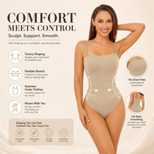 Vista 2 de Body sin tirantes para mujer, traje de tanga con control de abdomen Beige