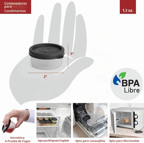 Vista 5 de Recipientes para condimentos con tapas, paquete de 8 unidades, 1.3 onzas. Recipiente para aderezo para ensalada para llevar, pequeños recipientes