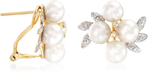 Vista 3 de Ross-Simons Pendientes de perlas cultivadas de 5,5 a 0.236in con detalles de diamante en oro amarillo de 14 quilates