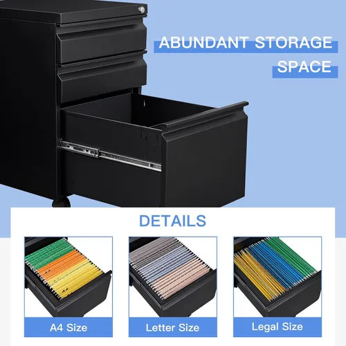 Vista 4 de Yizosh Archivador móvil de 3 cajones con cerradura, archivador negro debajo del escritorio, archivador con bloqueo de metal sobre ruedas