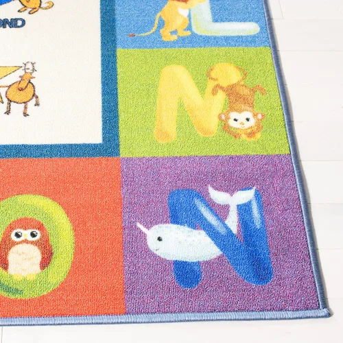 Vista 2 de SAFAVIEH Alfombra lavable para niños, colección de casas de juegos, 3 pies 3 pulgadas x 5 pies 3 pulgadas, beige y azul, antideslizante y fácil