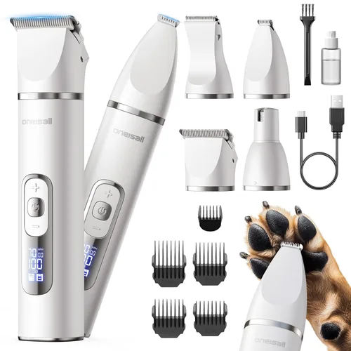 Vista 10 de oneisall Kit de aseo para perros 4 en 1 con pantalla LCD, cortadora de pelo para perros con amoladora de uñas para patas, recargable, inalámbrico