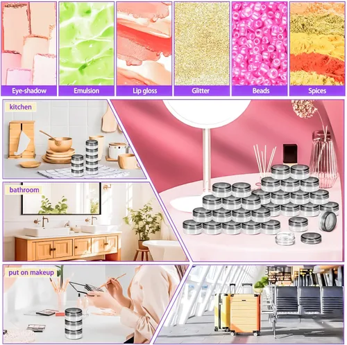 Vista 4 de 100 paquetes de botes de plástico de 3 g con tapas, botes de cosméticos redondos transparentes de 3 ml, botes de maquillaje de 3 gramos