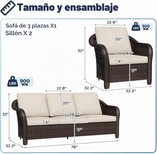 Vista 2 de Juego de muebles de patio de 3 piezas, juego de mimbre para exteriores Beige