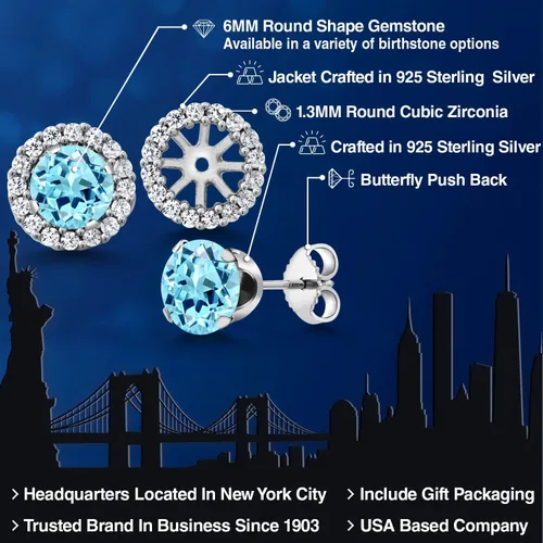 Vista 257 de Gem Stone King Aretes redondos de plata de ley 925 de 0.236 in con piedra natal extraíble para mujer