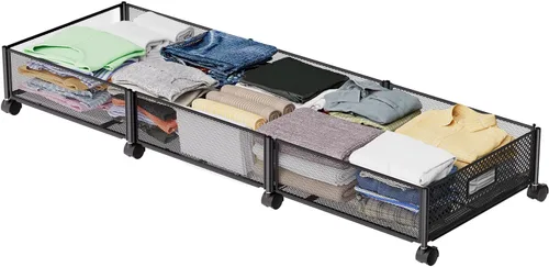 Vista 10 de Almacenamiento debajo de la cama sobre ruedas, almacenamiento grande mejorado de 31.5 pulgadas, organizador plegable de metal para debajo