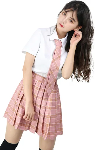 Vista 4 de PROCOS Disfraz de colegiala de talla estadounidense para mujer uniforme japonés con corbata de lazo a cuadros 5 piezas