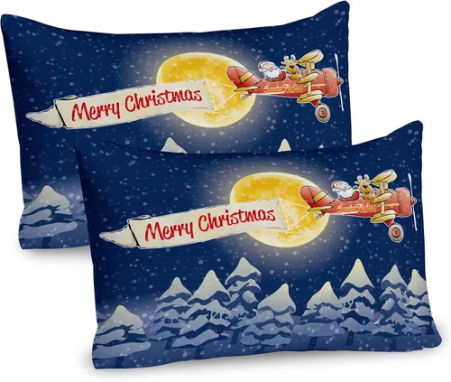 Vista 75 de Ambesonne Juego de 2 fundas de almohada navideñas, diseño de estrellas de Navidad y copos de nieve, letras retro, ropa de cama de microfibra