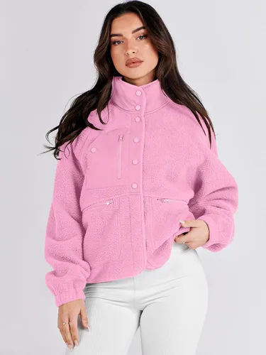 Vista 4 de ANRABESS Chaqueta de forro polar para mujer, con botones, informal, sherpa, recortada, abrigo, abrigo, con bolsillos