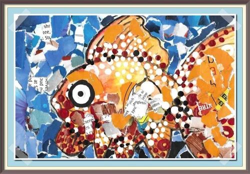 Vista 2 de Goldfish Collage Wall Art Decor recycled upcycled magazines artwork fish wall decor outsider surreal paintings unique mixed media acrylics