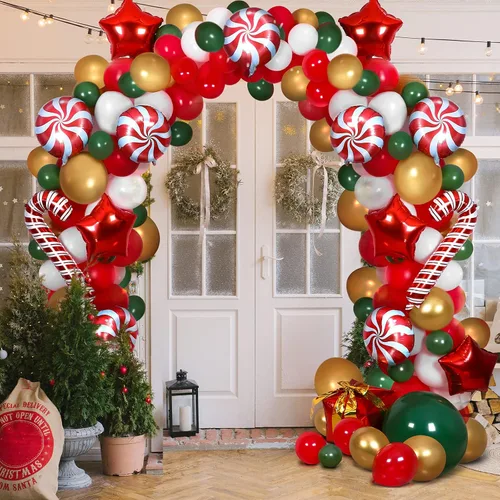 Vista 7 de RUODON Kit de arco de globos de Navidad, 233 piezas con dulces, bastón, látex, caja de regalo y globos de estrella para decoraciones de fiesta