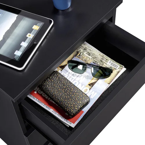 Vista 5 de Yaheetech - Mesita de noche con cajones, mesa auxiliar de cabecera con 3 cajones y base resistente, mesa de acento de madera con espacio de Negro