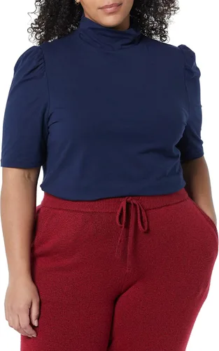 Vista 3 de Tienda Essentials Cuello alto de manga abullonada de algodón modal drapeado para mujer
