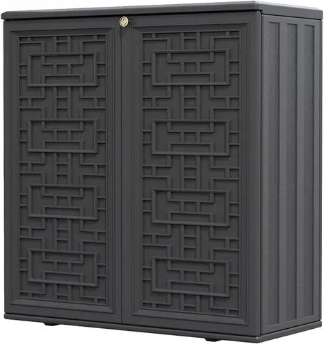 Vista 9 de HOMSPARK Armario de almacenamiento para interiores y exteriores con puertas y estante, caja de almacenamiento de plástico HDPE de 34 x 16 x 36 Marrón