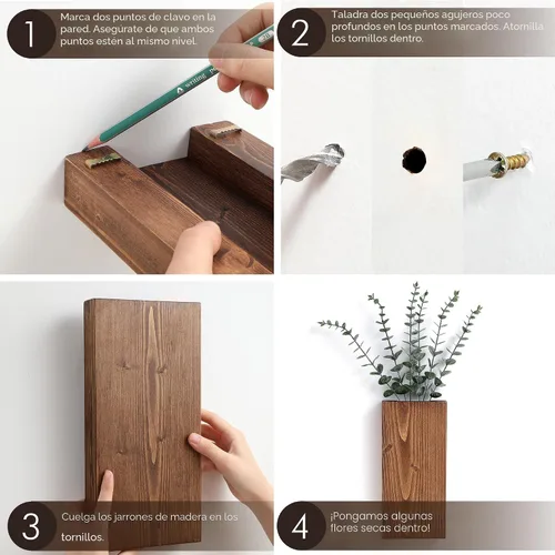 Vista 4 de GRID FORTE Juego de 2 macetas de pared de madera de nogal oscuro, bolsillo de pared para vegetación y flores secas, decoración de pared de granja