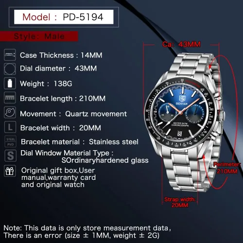 Vista 6 de BY BENYAR - Reloj analógico de cuarzo con cronógrafo para hombre, reloj de pulsera de acero inoxidable con fecha automática de 164.0ft, correa
