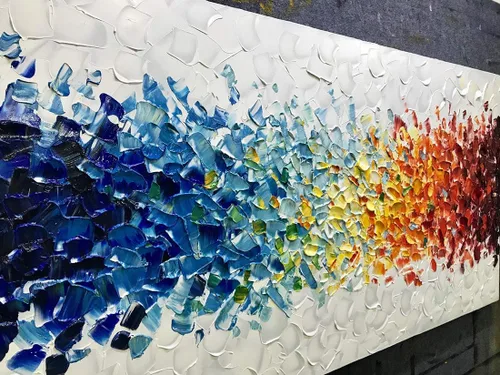 Vista 2 de AMEI Arte, 24 x 48 pulgadas, pintado a mano sobre lienzo, fondo blanco colorido, pinturas al óleo abstractas, arte de pared multicolor, madera