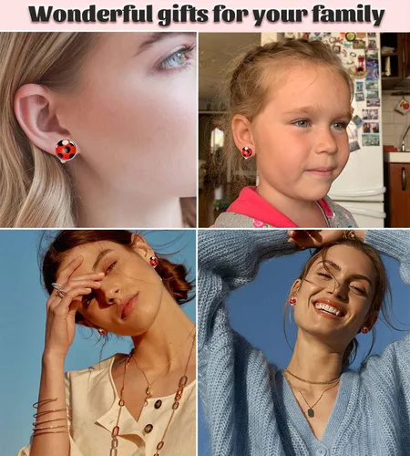 Vista 5 de Red Ladybird Earring Studs Black Spots Silver Bug Earrings for Halloween Christmas Birthday Cosplay