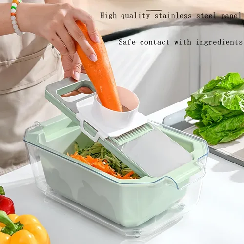 Vista 2 de Rallador de mandolina con cesta de drenaje, rallador de alimentos con contenedor, triturador de cocina 6 en 1 de acero inoxidable, rallador