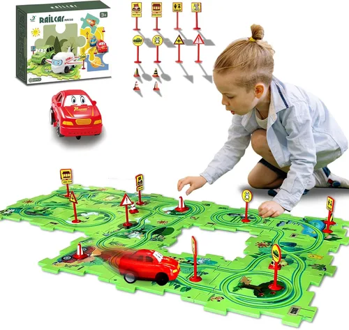 Vista 19 de Regalo de Cumpleaños para Niño de 4 Años, Set de Pista de Carros Rompecabezas para Niños con Mapa de Carretera, Set de Juego de Carros de Pista