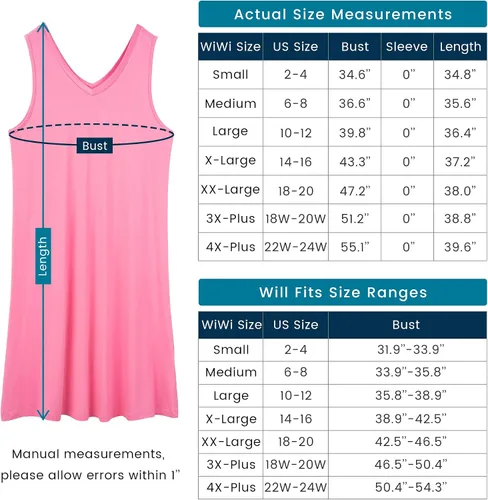 Vista 6 de WiWi Camisón de viscosa de bambú para mujer, ropa de dormir sin mangas, cuello en V, talla grande, tallas S-4X