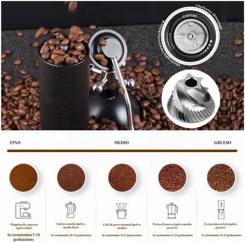 Vista 2 de Molinillo de café manual con capacidad de 0.88 oz, rebabas de acero inoxidable, mango de madera, molinillo de café para rebabas para el hogar Negro