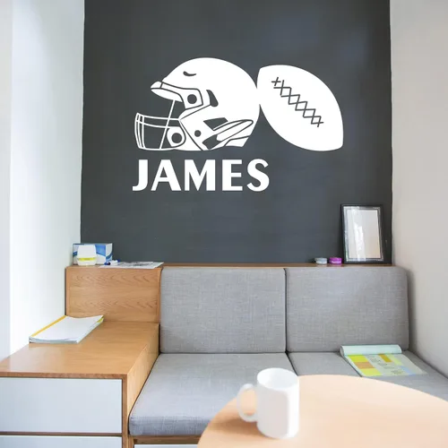 Vista 2 de Casco de fútbol americano con letrero individual para decoración de habitación de niño, calcomanías de pared de fútbol americano personalizadas