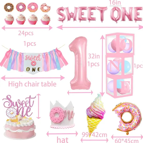 Vista 6 de Decoraciones de primer cumpleaños para niña, decoración de primer cumpleaños con telón de fondo, cajas de globos, mantel, decoración de pastel