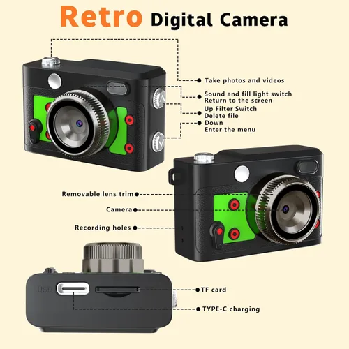 Vista 9 de Mini cámara retro con llavero – Cámara digital pequeña FHD de 1080P con lente de 2 MP, pantalla de 0.96 pulgadas y adaptador OTG con tarjeta de 16