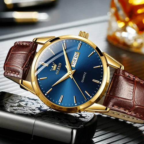 Vista 7 de OLEVS Reloj para hombres cronógrafo marrón cuero oro caso analógico cuarzo moda negocios vestido grande hombres reloj día fecha luminoso impermeable